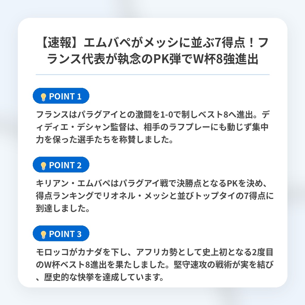 【速報】エムバペがメッシに並ぶ7得点!フランス代表が執念のPK弾でW杯8強進出の注目ポイントまとめ