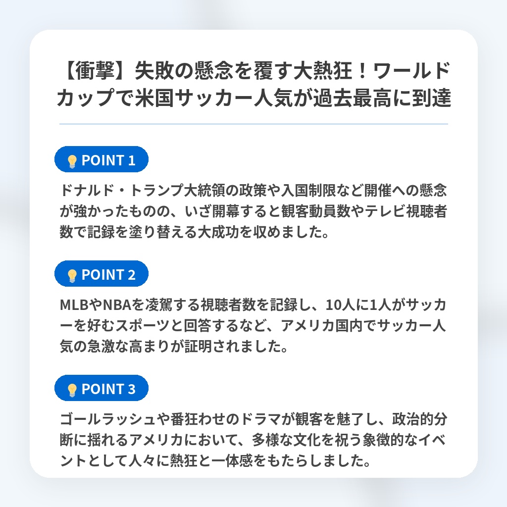 【衝撃】失敗の懸念を覆す大熱狂!ワールドカップで米国サッカー人気が過去最高に到達の注目ポイントまとめ
