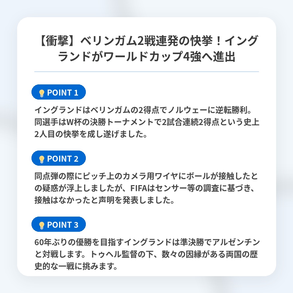 【衝撃】ベリンガム2戦連発の快挙!イングランドがワールドカップ4強へ進出の注目ポイントまとめ