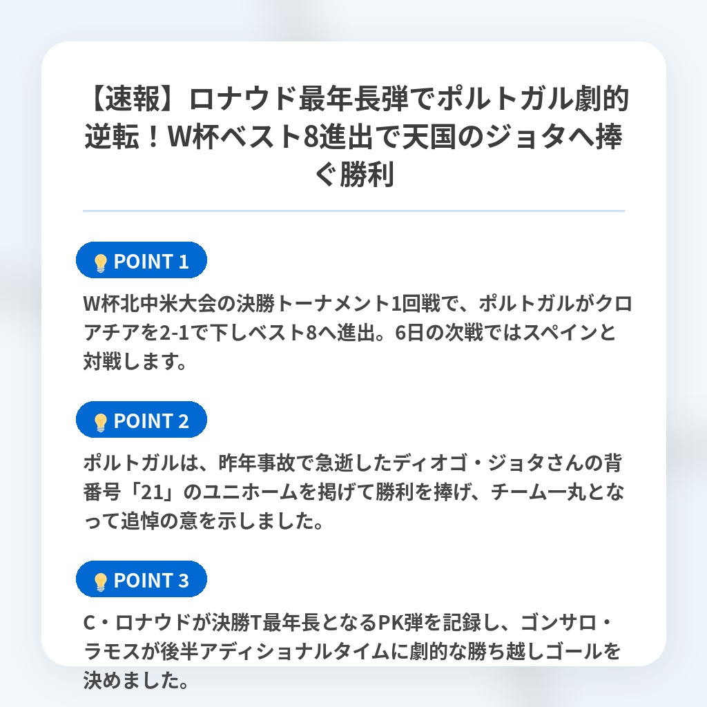 【速報】ロナウド最年長弾でポルトガル劇的逆転!W杯ベスト8進出で天国のジョタへ捧ぐ勝利の注目ポイントまとめ