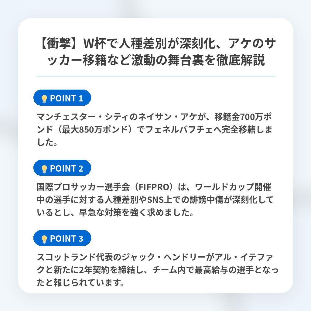 【衝撃】W杯で人種差別が深刻化、アケのサッカー移籍など激動の舞台裏を徹底解説の注目ポイントまとめ