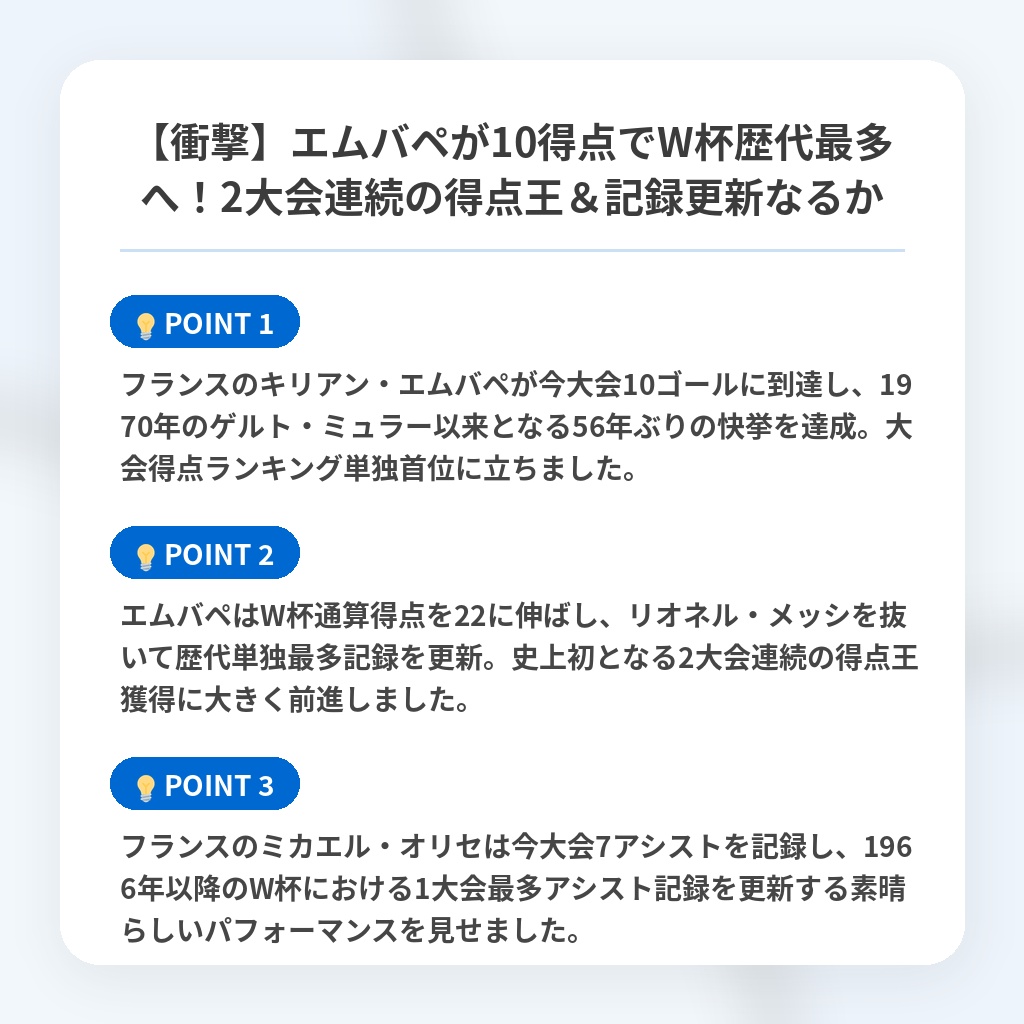 【衝撃】エムバペが10得点でW杯歴代最多へ！2大会連続の得点王＆記録更新なるかの注目ポイントまとめ