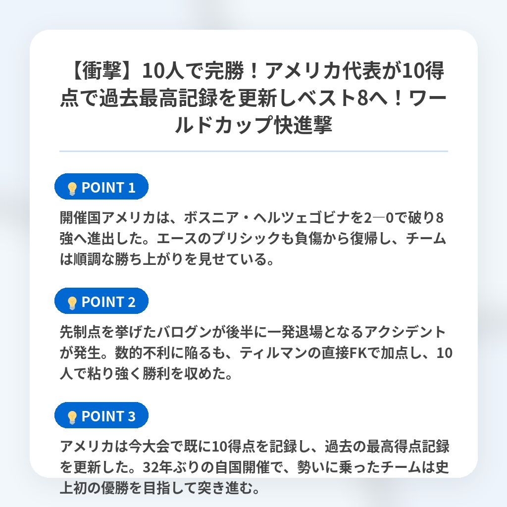 【衝撃】10人で完勝!アメリカ代表が10得点で過去最高記録を更新しベスト8へ!ワールドカップ快進撃の注目ポイントまとめ