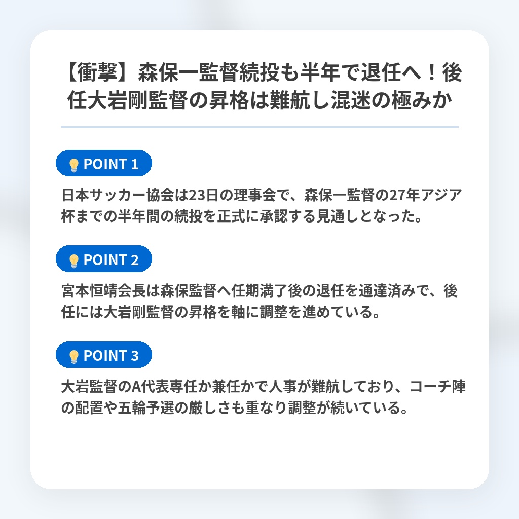 【衝撃】森保一監督続投も半年で退任へ！後任大岩剛監督の昇格は難航し混迷の極みかの注目ポイントまとめ
