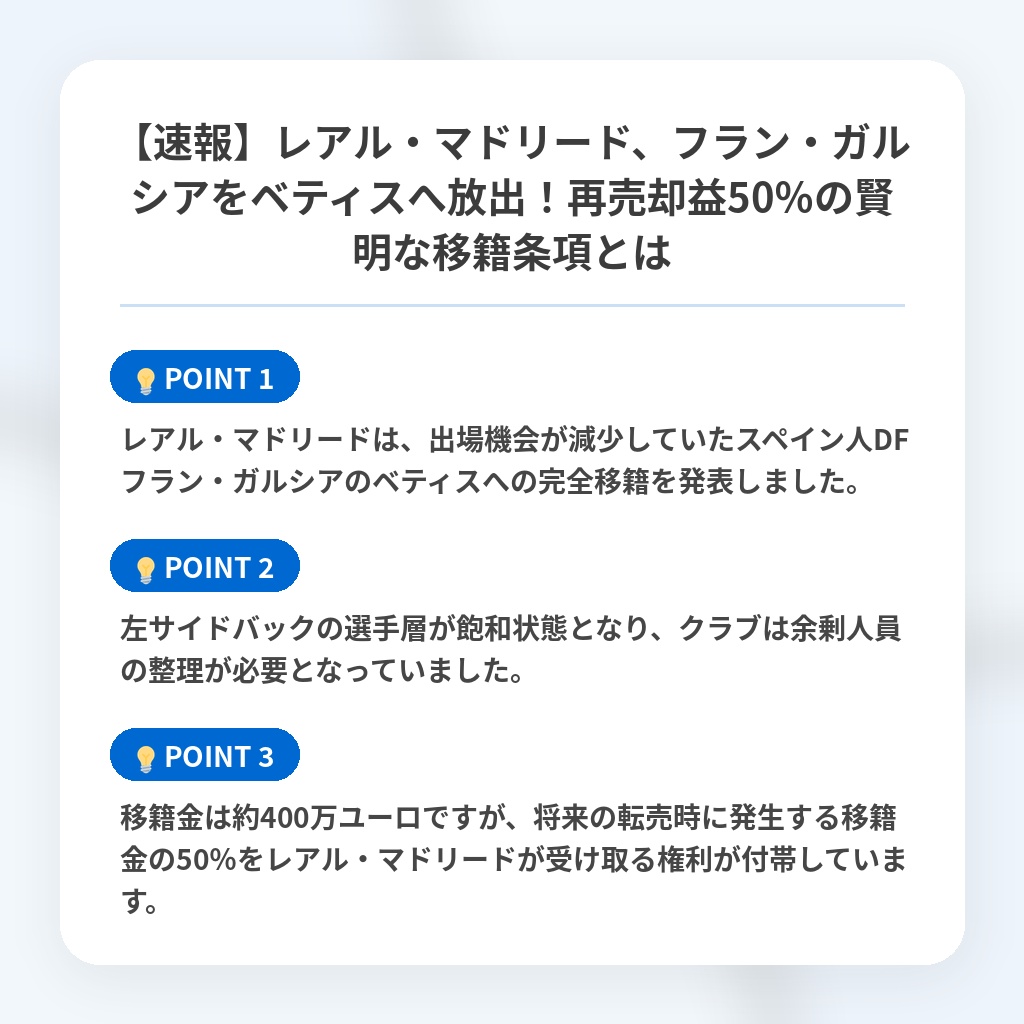 【速報】レアル・マドリード、フラン・ガルシアをベティスへ放出!再売却益50%の賢明な移籍条項とはの注目ポイントまとめ