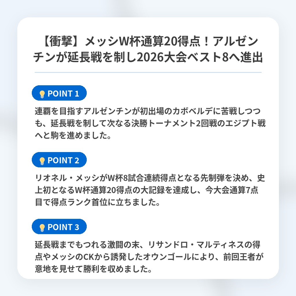 【衝撃】メッシW杯通算20得点!アルゼンチンが延長戦を制し2026大会ベスト8へ進出の注目ポイントまとめ