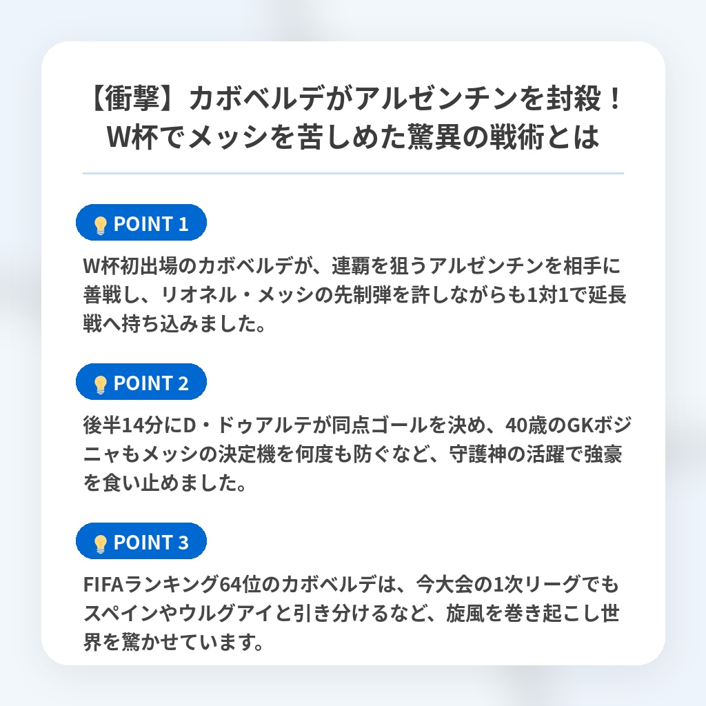 【衝撃】カボベルデがアルゼンチンを封殺!W杯でメッシを苦しめた驚異の戦術とはの注目ポイントまとめ