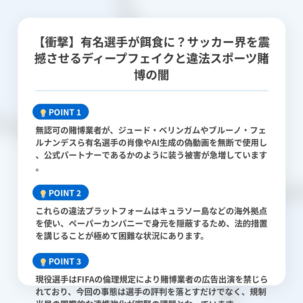 【衝撃】有名選手が餌食に？サッカー界を震撼させるディープフェイクと違法スポーツ賭博の闇の注目ポイントまとめ