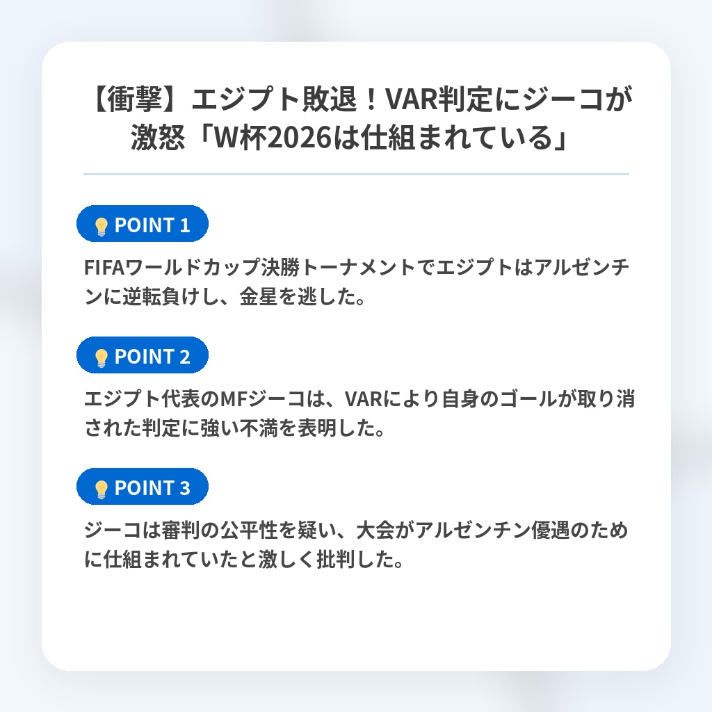 【衝撃】エジプト敗退!VAR判定にジーコが激怒「W杯2026は仕組まれている」の注目ポイントまとめ