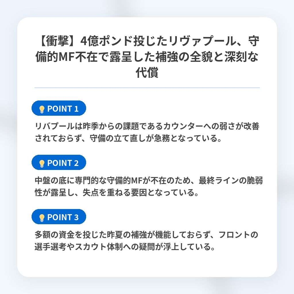 【衝撃】4億ポンド投じたリヴァプール、守備的MF不在で露呈した補強の全貌と深刻な代償の注目ポイントまとめ