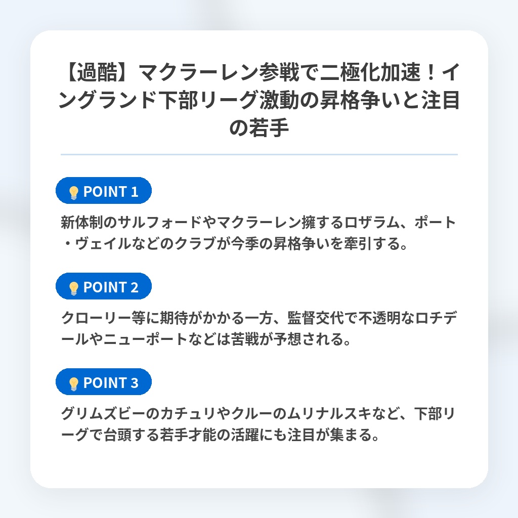 【過酷】マクラーレン参戦で二極化加速！イングランド下部リーグ激動の昇格争いと注目の若手の注目ポイントまとめ