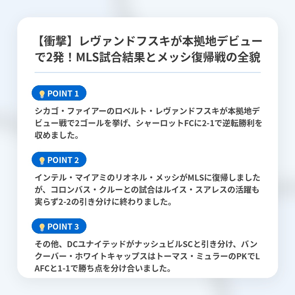 【衝撃】レヴァンドフスキが本拠地デビューで2発!MLS試合結果とメッシ復帰戦の全貌の注目ポイントまとめ