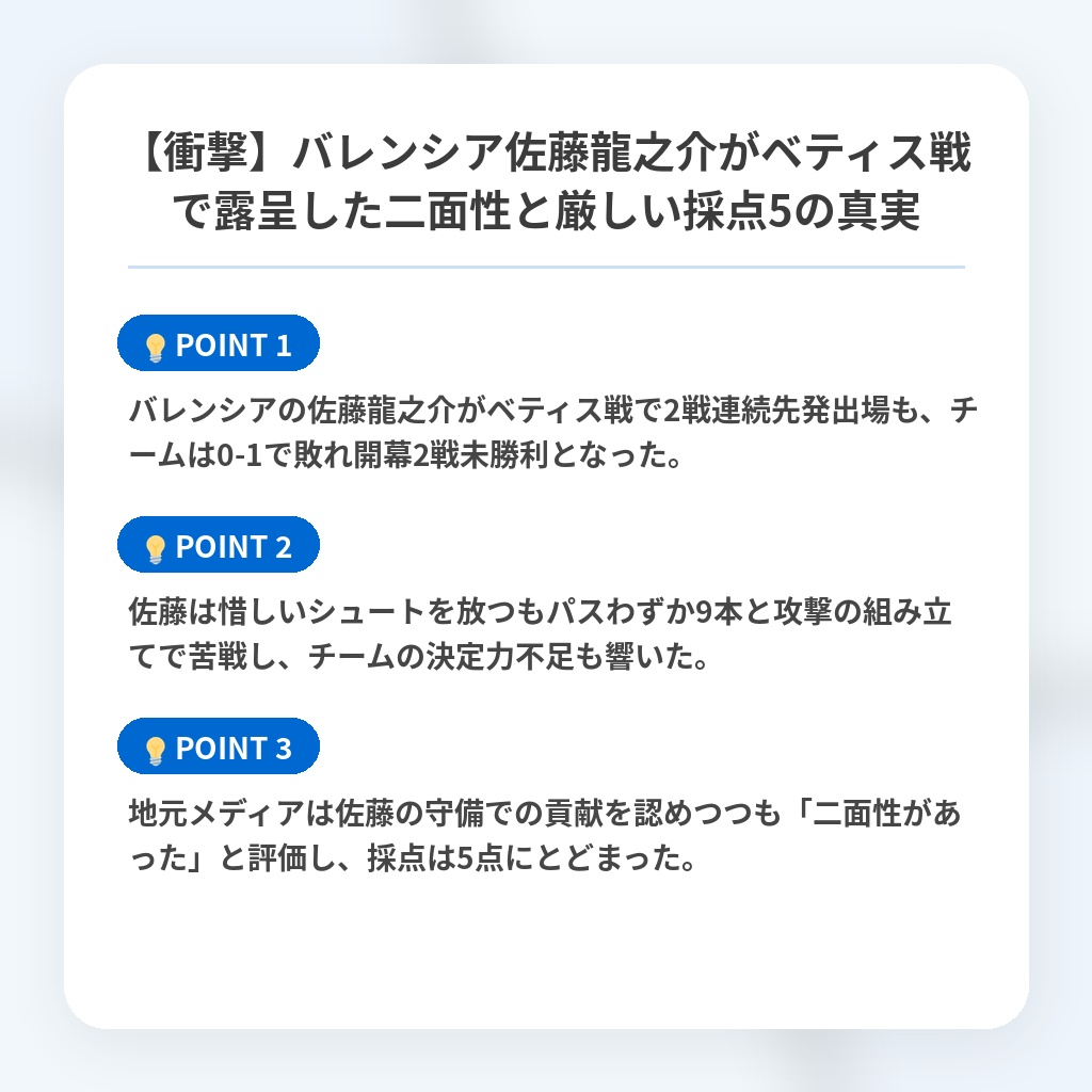 【衝撃】バレンシア佐藤龍之介がベティス戦で露呈した二面性と厳しい採点5の真実の注目ポイントまとめ