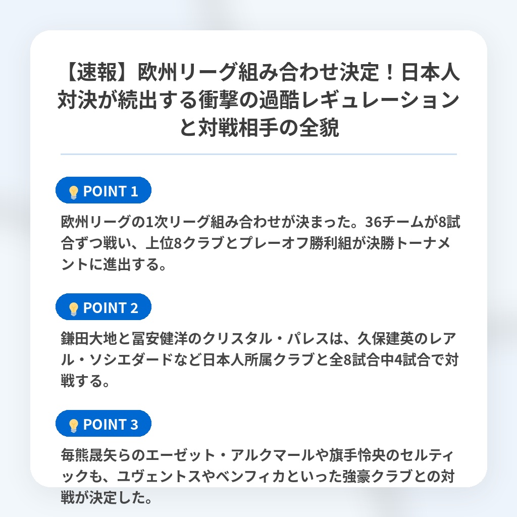 【速報】欧州リーグ組み合わせ決定!日本人対決が続出する衝撃の過酷レギュレーションと対戦相手の全貌の注目ポイントまとめ