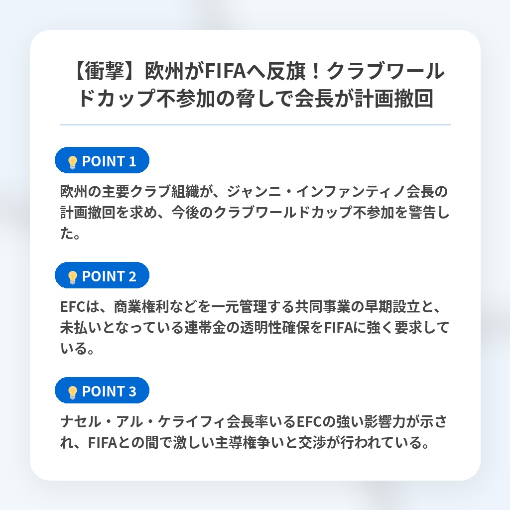 【衝撃】欧州がFIFAへ反旗！クラブワールドカップ不参加の脅しで会長が計画撤回の注目ポイントまとめ
