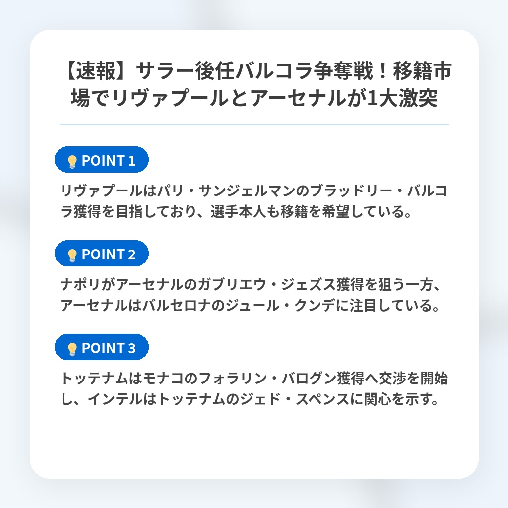 【速報】サラー後任バルコラ争奪戦！移籍市場でリヴァプールとアーセナルが1大激突の注目ポイントまとめ