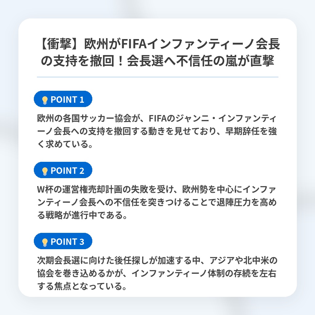 【衝撃】欧州がFIFAインファンティーノ会長の支持を撤回！会長選へ不信任の嵐が直撃の注目ポイントまとめ
