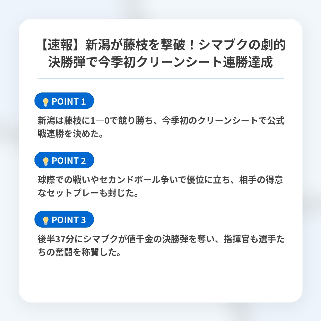 【速報】新潟が藤枝を撃破！シマブクの劇的決勝弾で今季初クリーンシート連勝達成の注目ポイントまとめ