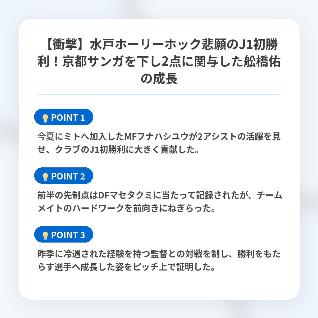 【衝撃】水戸ホーリーホック悲願のJ1初勝利！京都サンガを下し2点に関与した舩橋佑の成長の注目ポイントまとめ