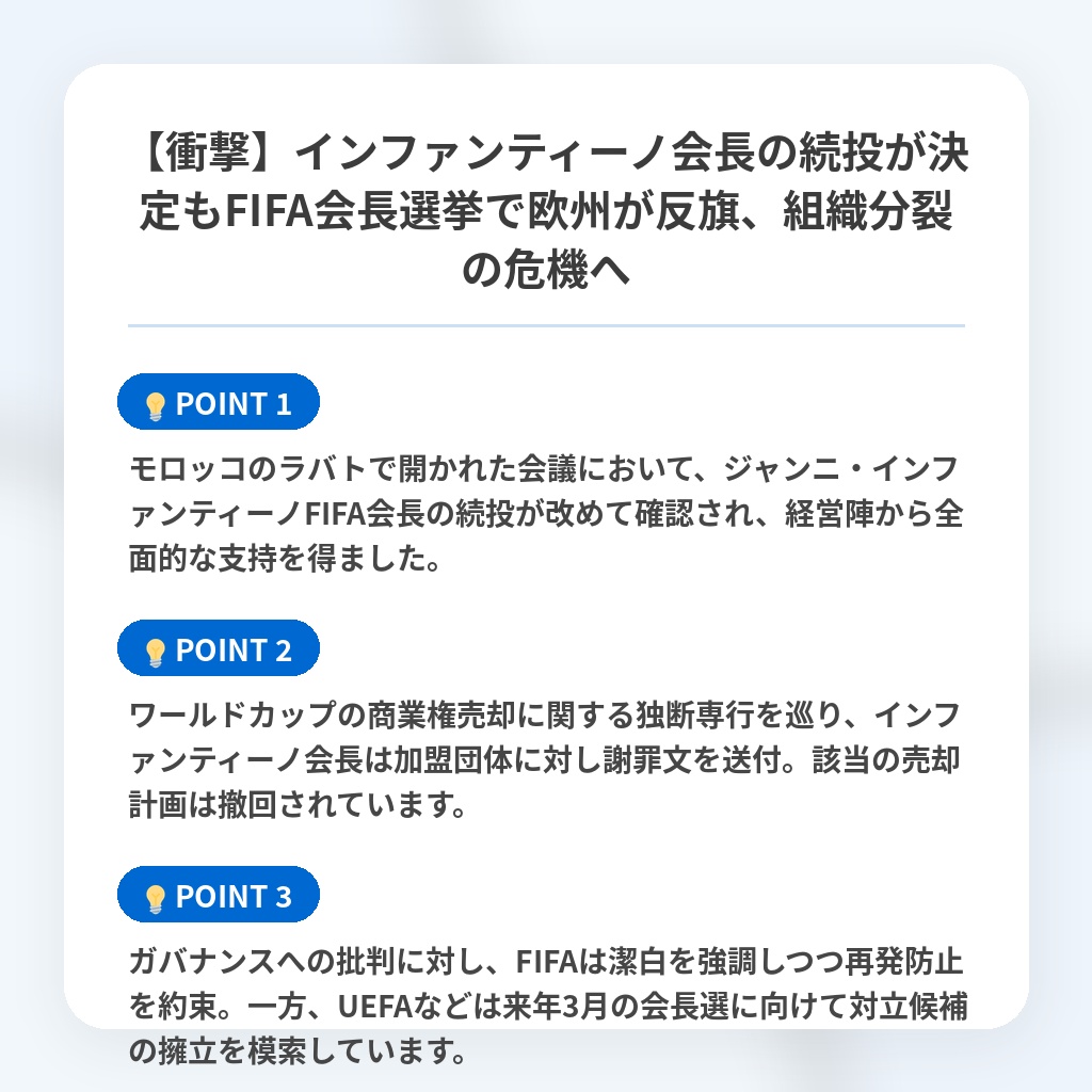 【衝撃】インファンティーノ会長の続投が決定もFIFA会長選挙で欧州が反旗、組織分裂の危機への注目ポイントまとめ