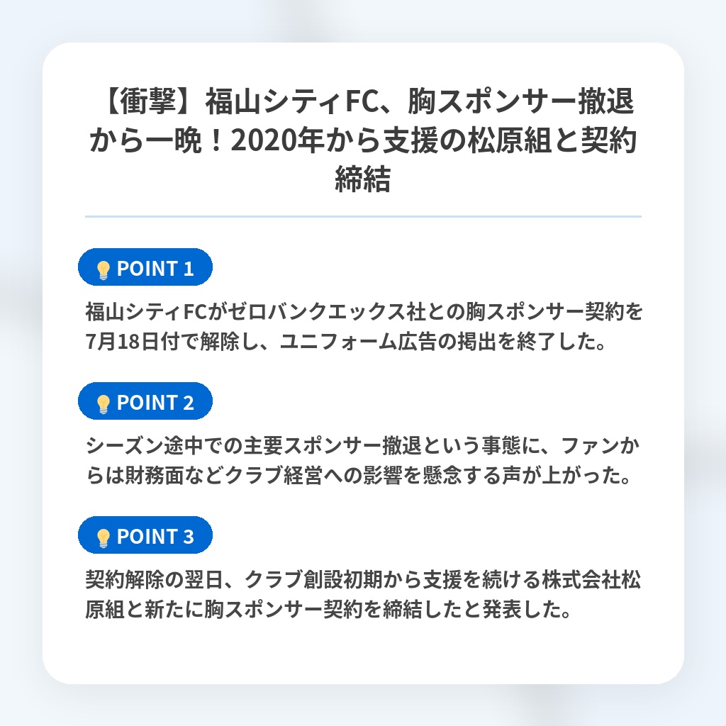 【衝撃】福山シティFC、胸スポンサー撤退から一晩！2020年から支援の松原組と契約締結の注目ポイントまとめ