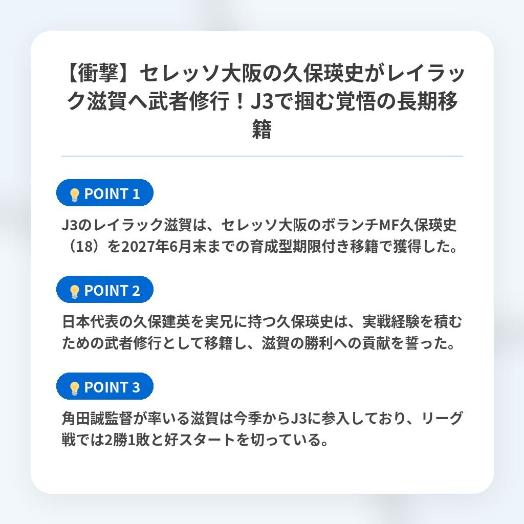 【衝撃】セレッソ大阪の久保瑛史がレイラック滋賀へ武者修行!J3で掴む覚悟の長期移籍の注目ポイントまとめ