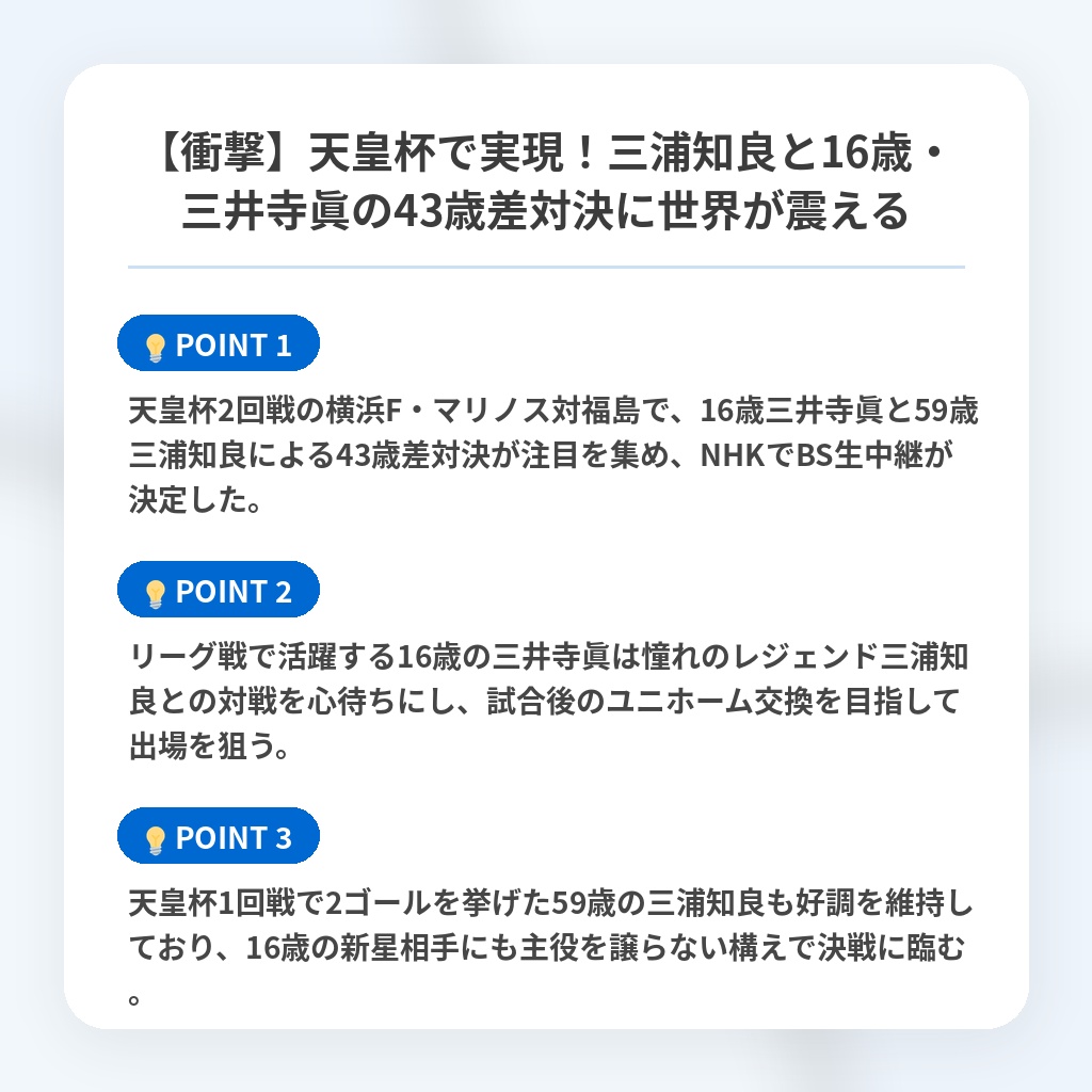 【衝撃】天皇杯で実現！三浦知良と16歳・三井寺眞の43歳差対決に世界が震えるの注目ポイントまとめ