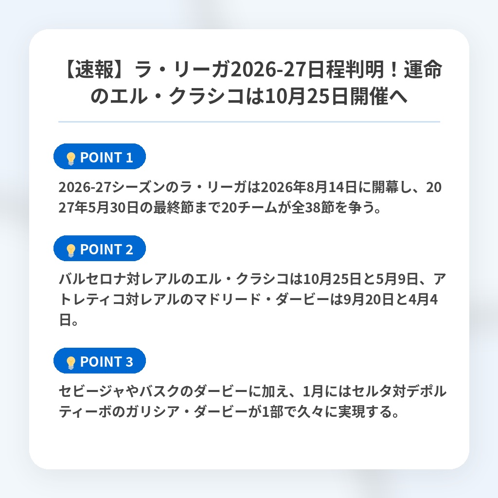 【速報】ラ・リーガ2026-27日程判明！運命のエル・クラシコは10月25日開催への注目ポイントまとめ