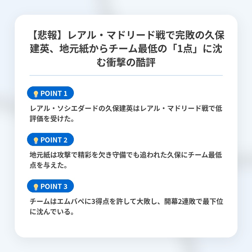 【悲報】レアル・マドリード戦で完敗の久保建英、地元紙からチーム最低の「1点」に沈む衝撃の酷評の注目ポイントまとめ