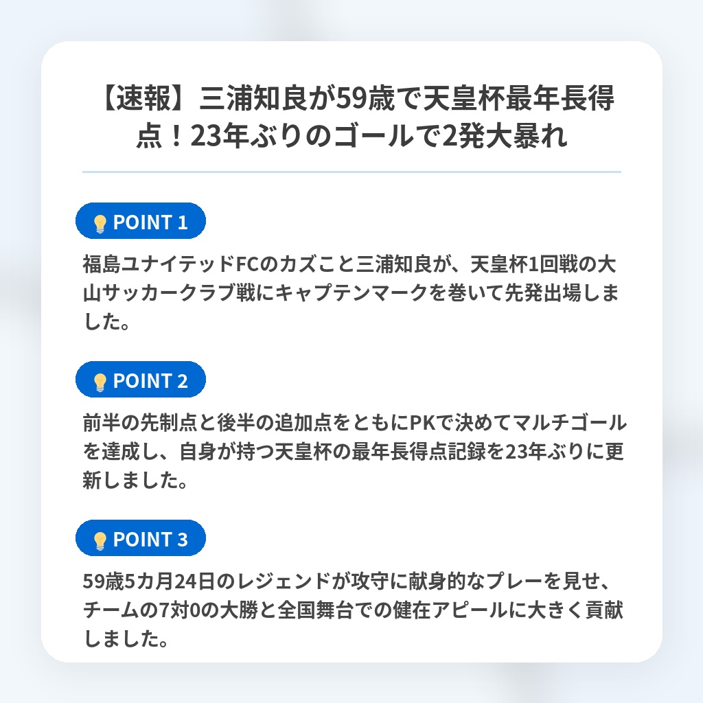 【速報】三浦知良が59歳で天皇杯最年長得点！23年ぶりのゴールで2発大暴れの注目ポイントまとめ