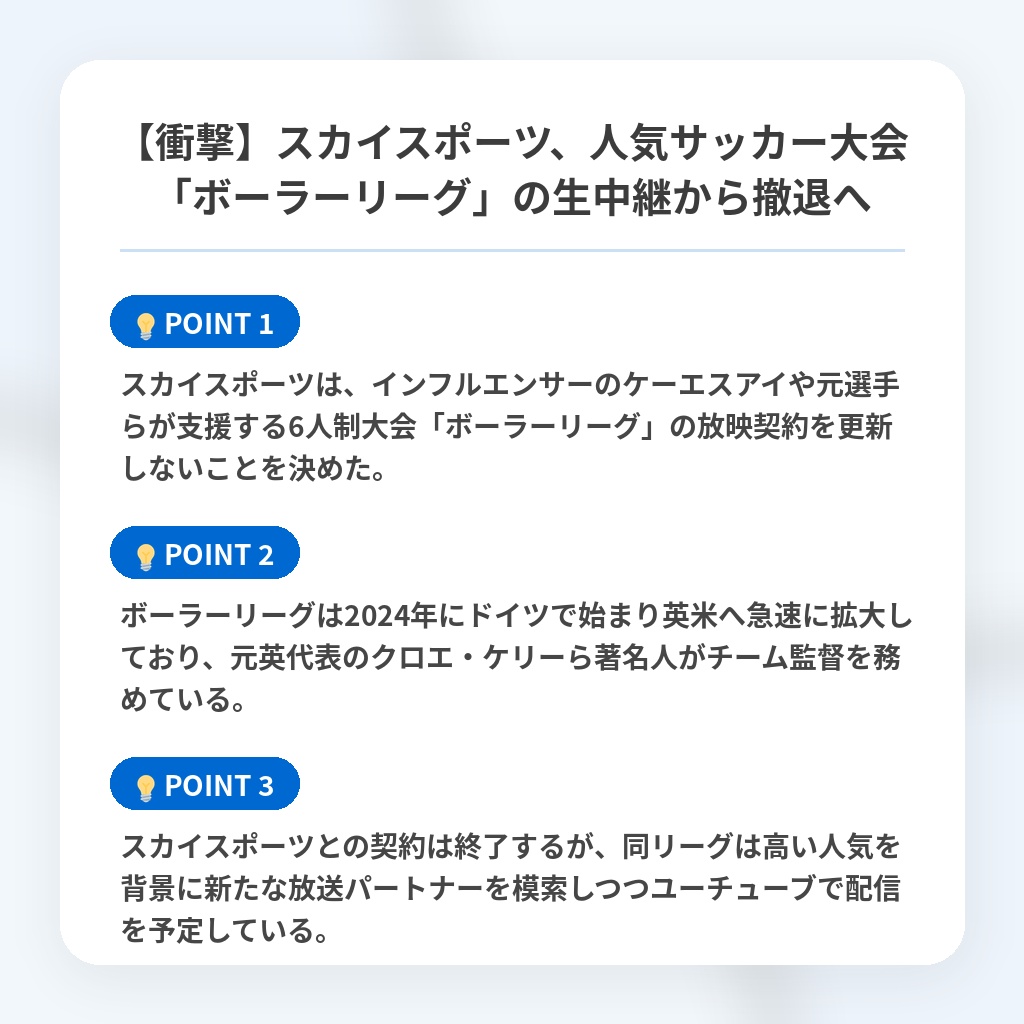【衝撃】スカイスポーツ、人気サッカー大会「ボーラーリーグ」の生中継から撤退への注目ポイントまとめ