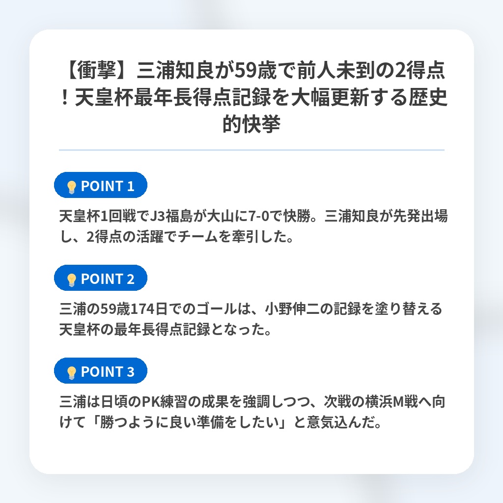【衝撃】三浦知良が59歳で前人未到の2得点！天皇杯最年長得点記録を大幅更新する歴史的快挙の注目ポイントまとめ