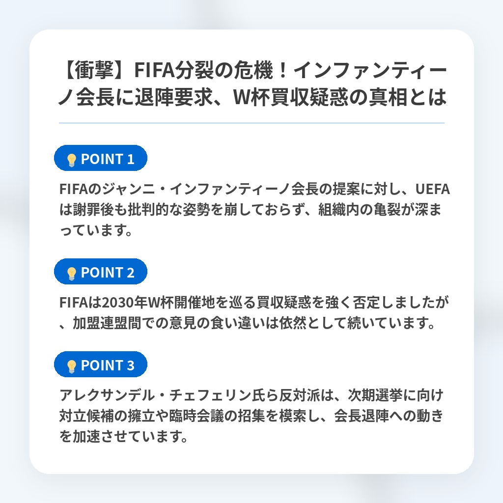 【衝撃】FIFA分裂の危機!インファンティーノ会長に退陣要求、W杯買収疑惑の真相とはの注目ポイントまとめ