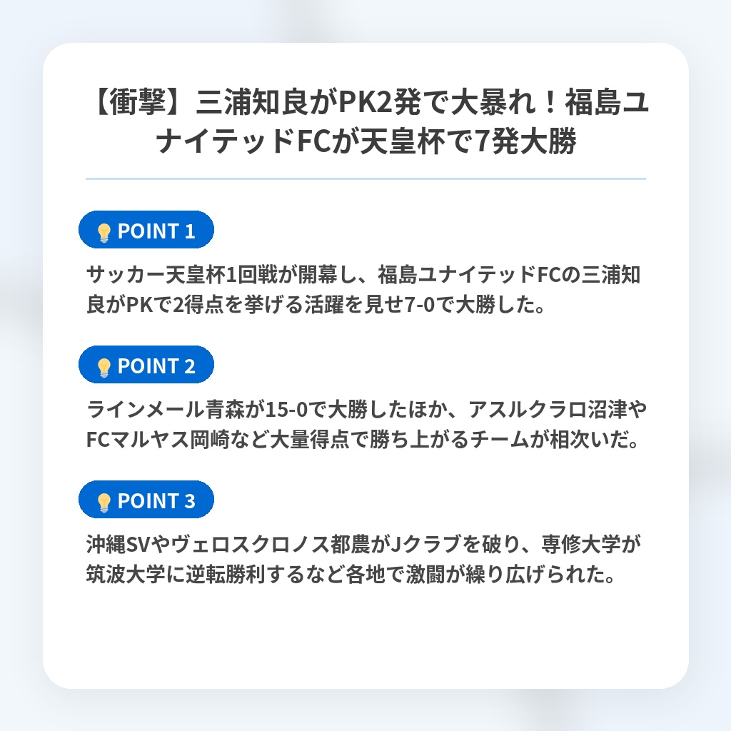 【衝撃】三浦知良がPK2発で大暴れ！福島ユナイテッドFCが天皇杯で7発大勝の注目ポイントまとめ