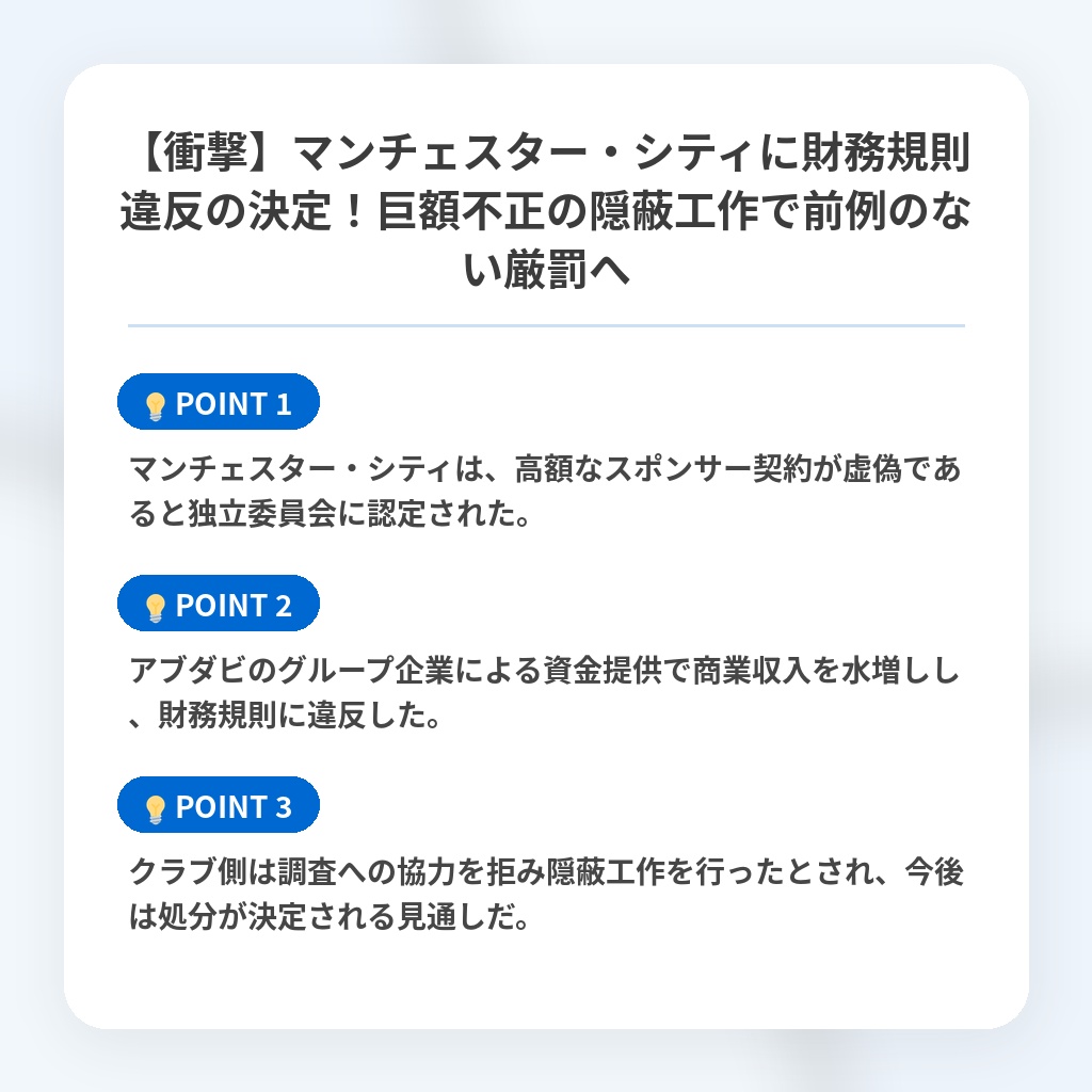 【衝撃】マンチェスター・シティに財務規則違反の決定！巨額不正の隠蔽工作で前例のない厳罰への注目ポイントまとめ