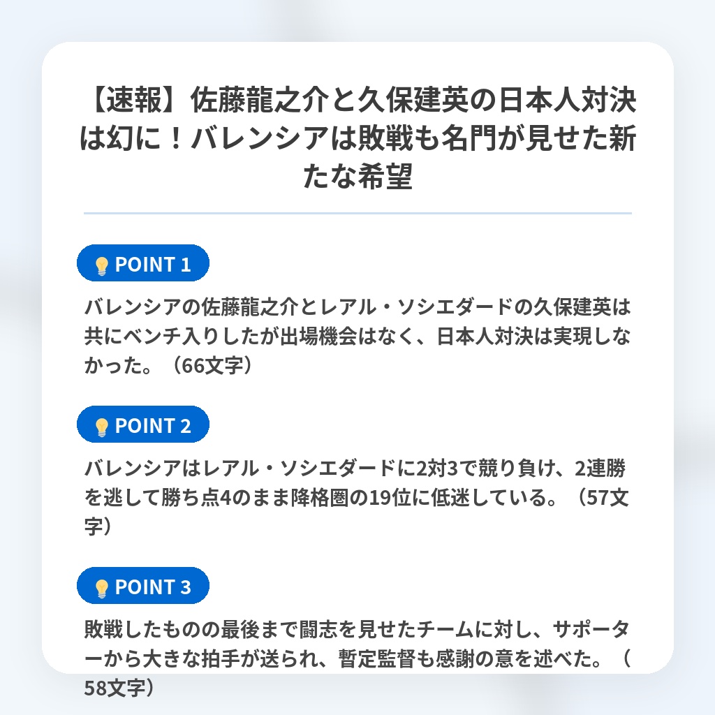 【速報】佐藤龍之介と久保建英の日本人対決は幻に!バレンシアは敗戦も名門が見せた新たな希望の注目ポイントまとめ