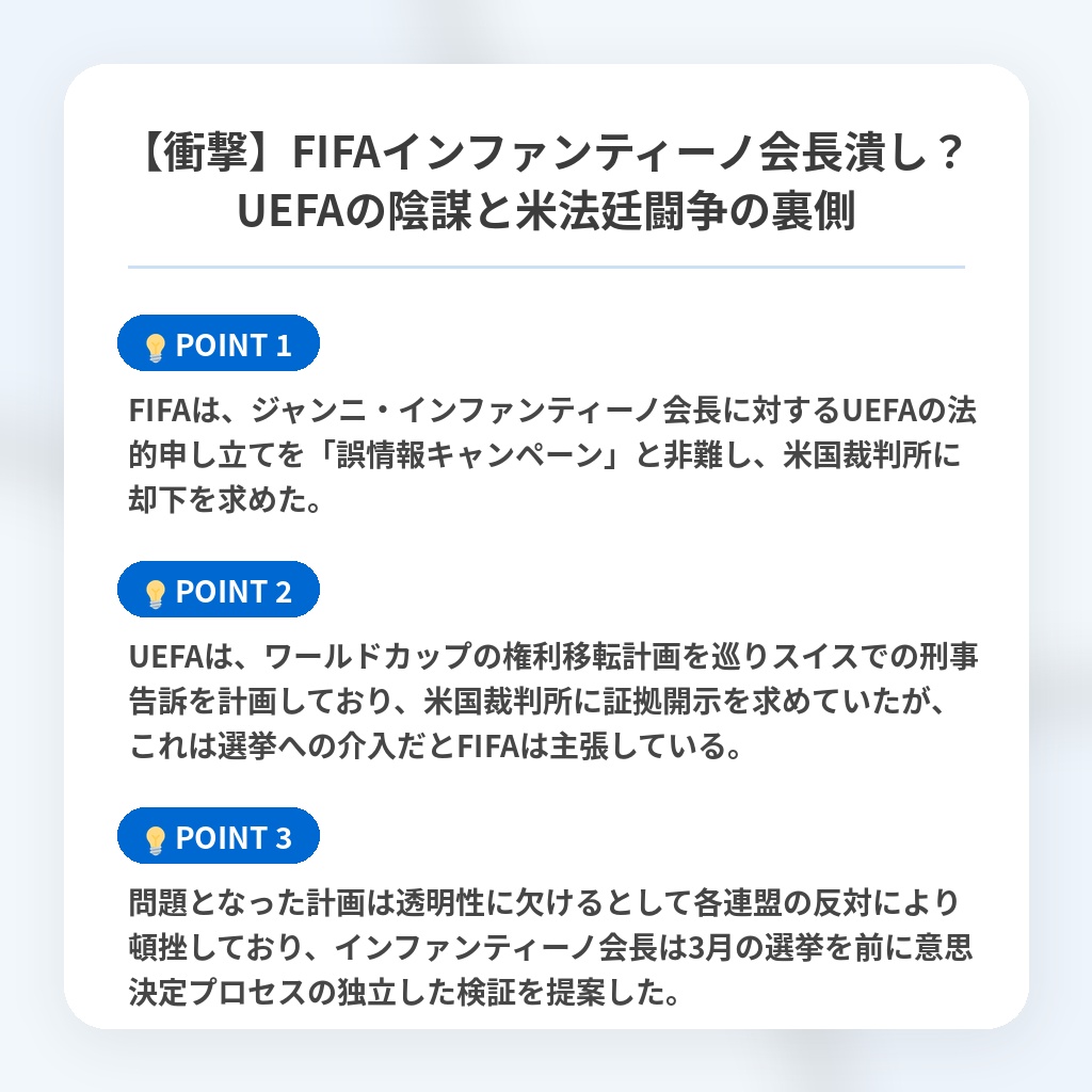 【衝撃】FIFAインファンティーノ会長潰し？UEFAの陰謀と米法廷闘争の裏側の注目ポイントまとめ