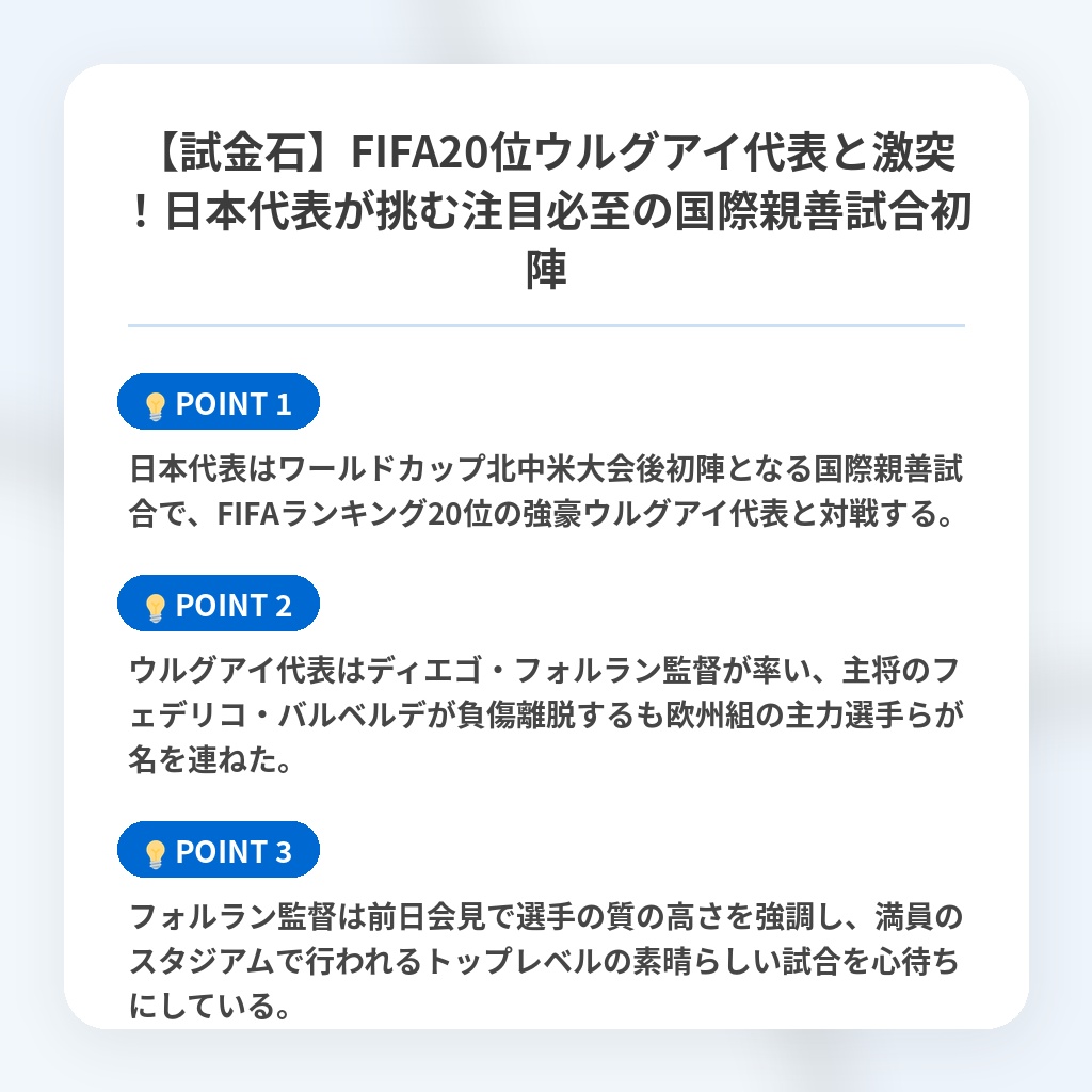 【試金石】FIFA20位ウルグアイ代表と激突!日本代表が挑む注目必至の国際親善試合初陣の注目ポイントまとめ