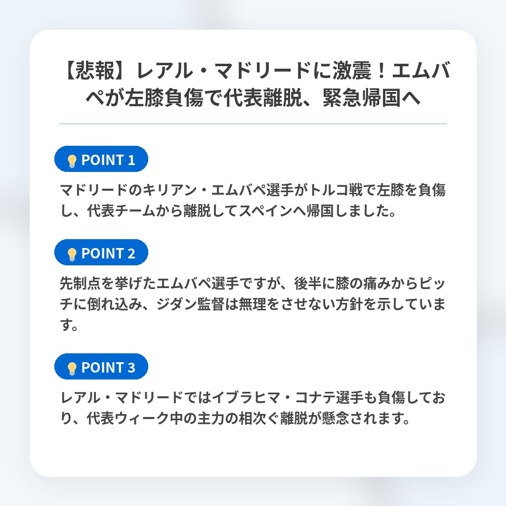 【悲報】レアル・マドリードに激震!エムバペが左膝負傷で代表離脱、緊急帰国への注目ポイントまとめ