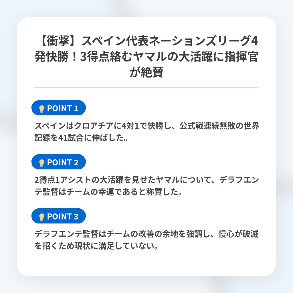 【衝撃】スペイン代表ネーションズリーグ4発快勝！3得点絡むヤマルの大活躍に指揮官が絶賛の注目ポイントまとめ