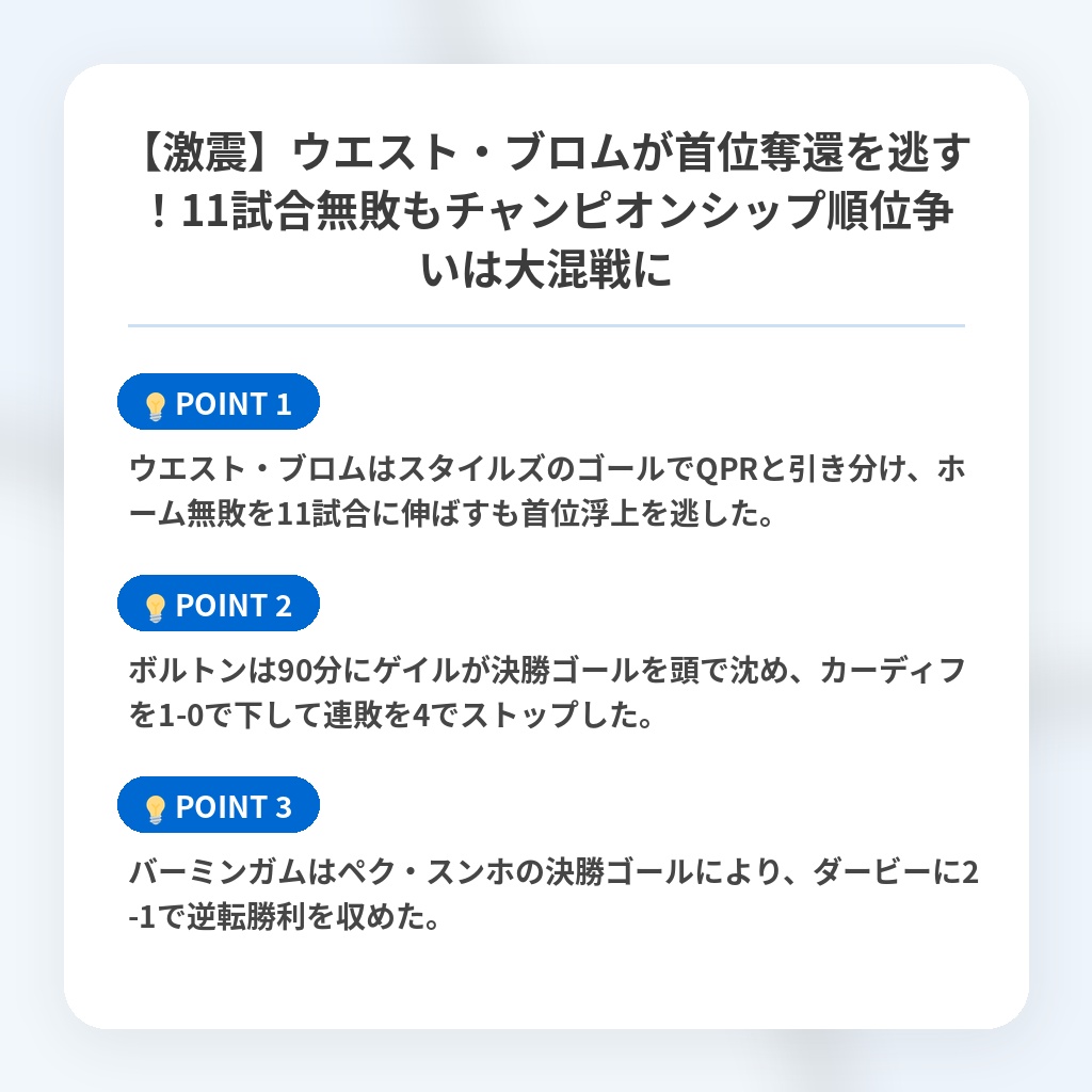 【激震】ウエスト・ブロムが首位奪還を逃す！11試合無敗もチャンピオンシップ順位争いは大混戦にの注目ポイントまとめ