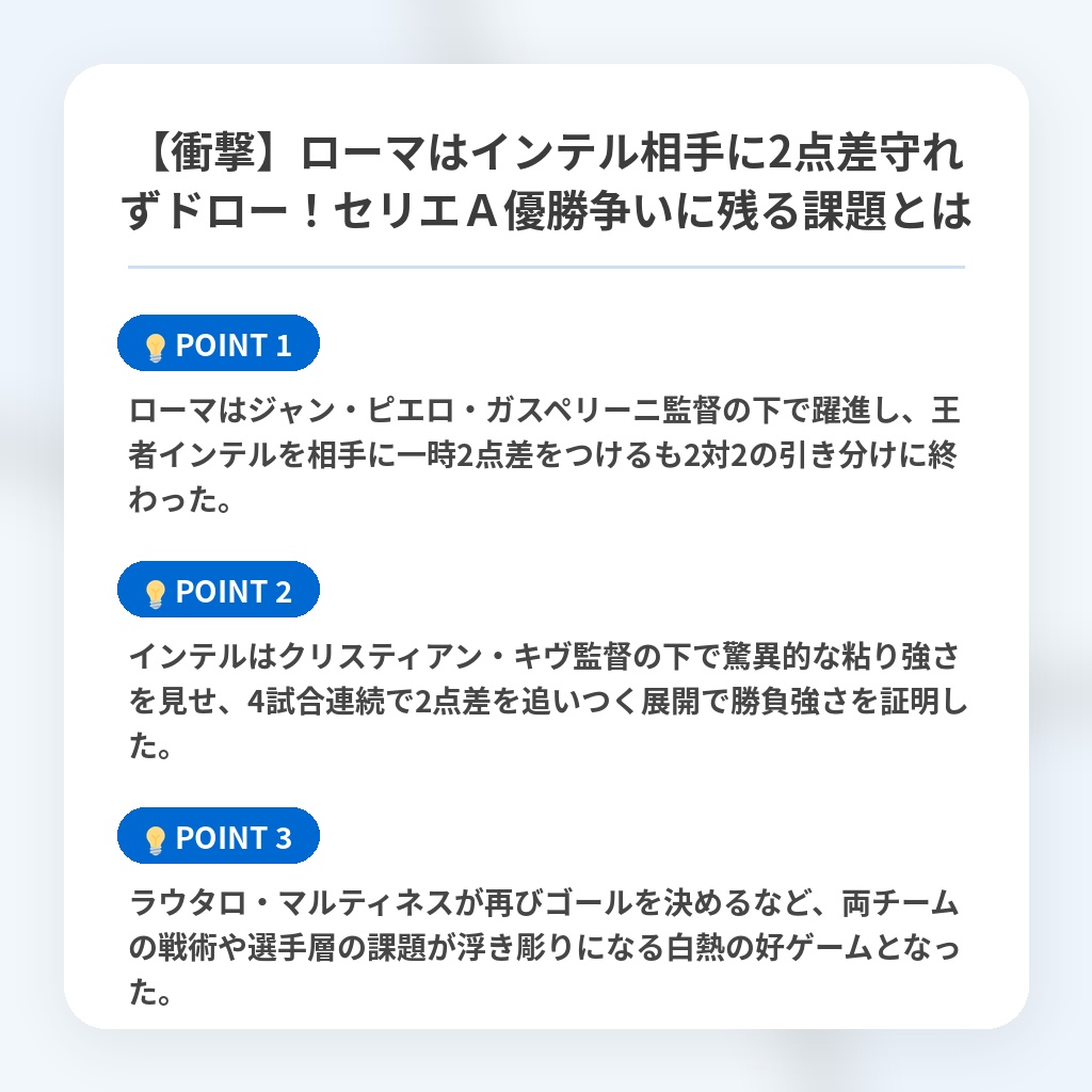 【衝撃】ローマはインテル相手に2点差守れずドロー！セリエＡ優勝争いに残る課題とはの注目ポイントまとめ