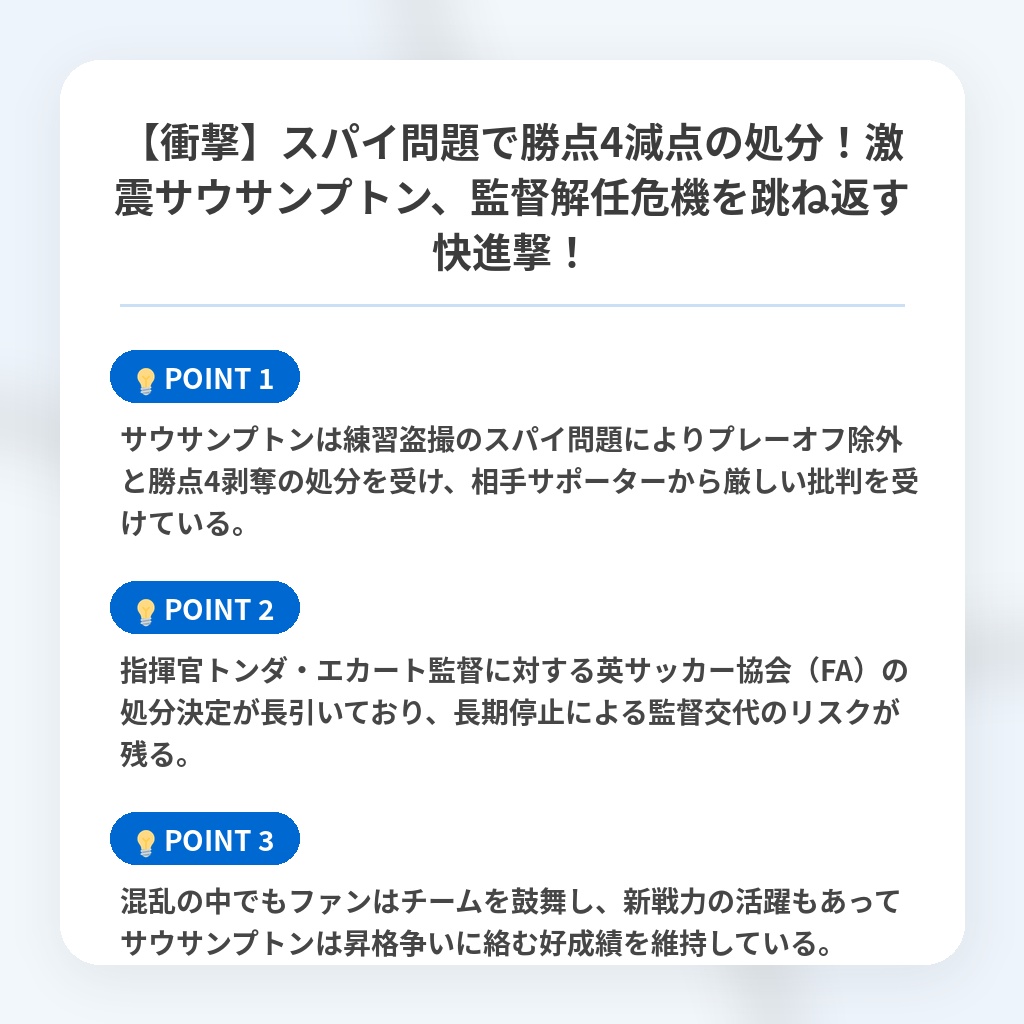 【衝撃】スパイ問題で勝点4減点の処分!激震サウサンプトン、監督解任危機を跳ね返す快進撃!の注目ポイントまとめ