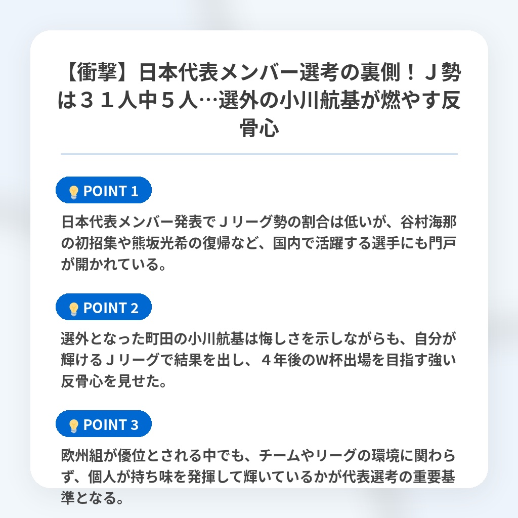 【衝撃】日本代表メンバー選考の裏側!J勢は31人中5人…選外の小川航基が燃やす反骨心の注目ポイントまとめ