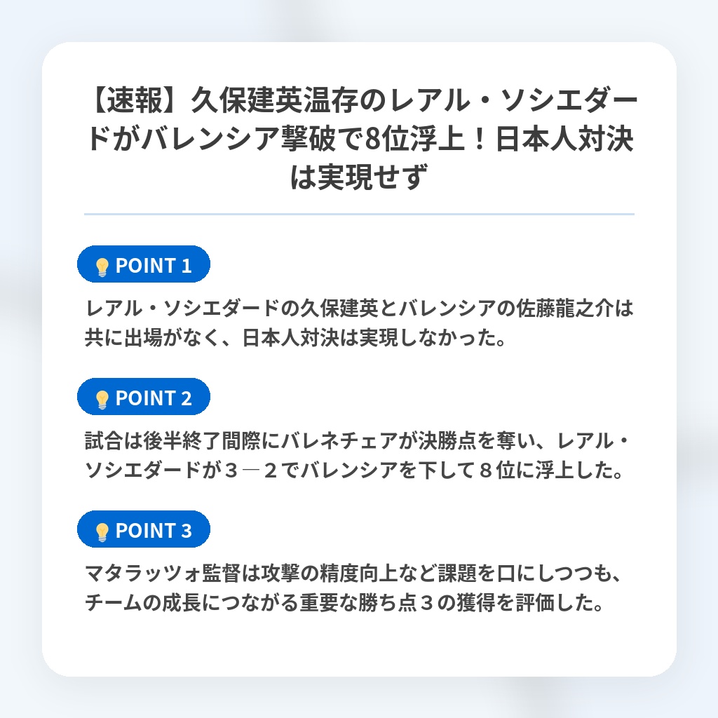 【速報】久保建英温存のレアル・ソシエダードがバレンシア撃破で8位浮上！日本人対決は実現せずの注目ポイントまとめ
