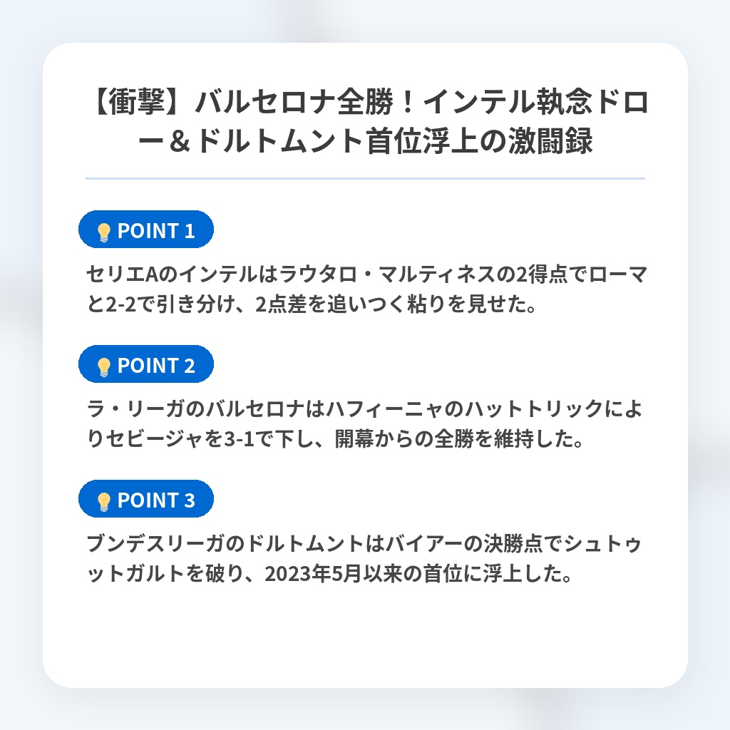 【衝撃】バルセロナ全勝！インテル執念ドロー＆ドルトムント首位浮上の激闘録の注目ポイントまとめ