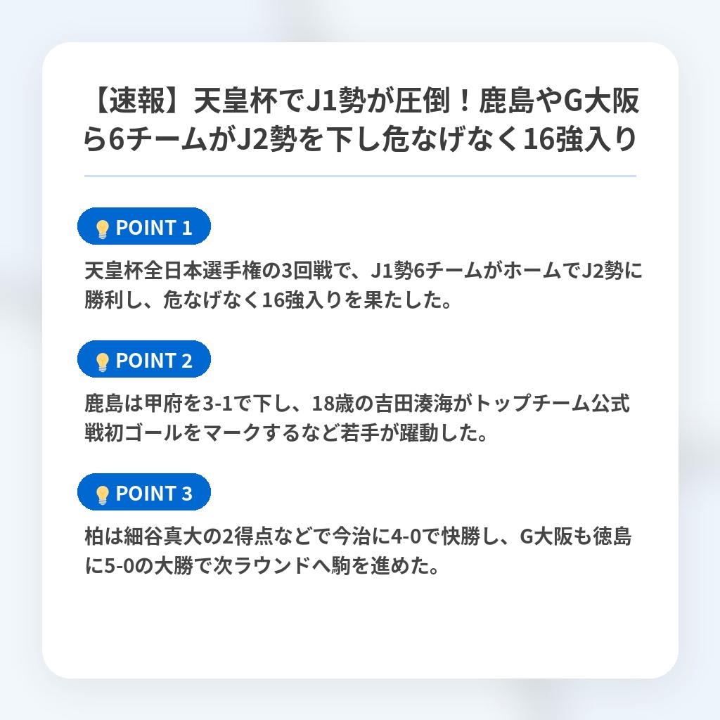 【速報】天皇杯でJ1勢が圧倒！鹿島やG大阪ら6チームがJ2勢を下し危なげなく16強入りの注目ポイントまとめ