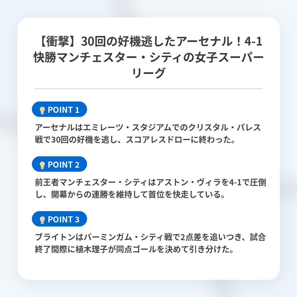 【衝撃】30回の好機逃したアーセナル!4-1快勝マンチェスター・シティの女子スーパーリーグの注目ポイントまとめ