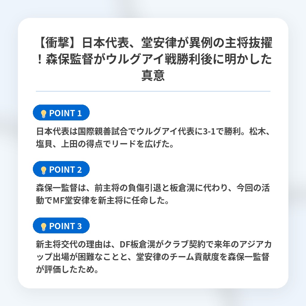 【衝撃】日本代表、堂安律が異例の主将抜擢！森保監督がウルグアイ戦勝利後に明かした真意の注目ポイントまとめ