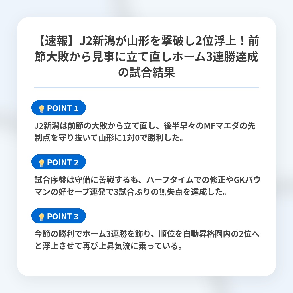 【速報】J2新潟が山形を撃破し2位浮上!前節大敗から見事に立て直しホーム3連勝達成の試合結果の注目ポイントまとめ